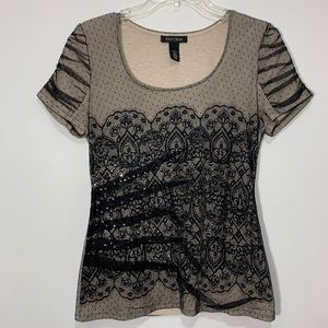 WHBM Lace Mesh Bling Top Black Tan Small